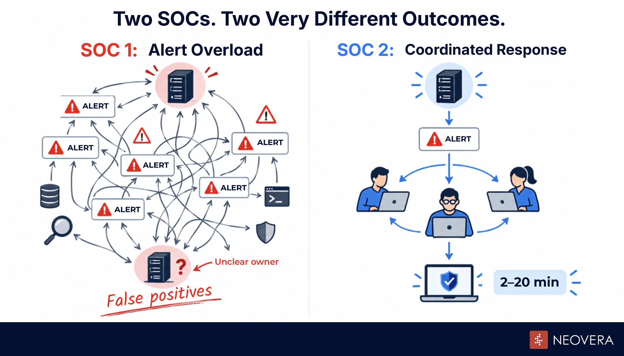 Two SOCs compared: SOC 1 buried in alerts and false positives with unclear system ownership, and SOC 2 running a coordinated response that contains the attack in 2 to 20 minutes.